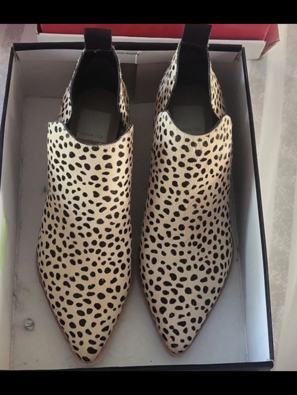 Dolce Vita Leopard-Spot Pointed Slip-On Ankle Boots in Beige and Black